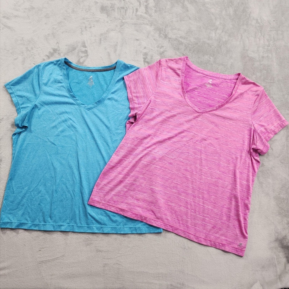 Energy Zone Top Womens 1X Plus Blue Pink V-Neck Short‎ Sleeve Active Lot Of 2